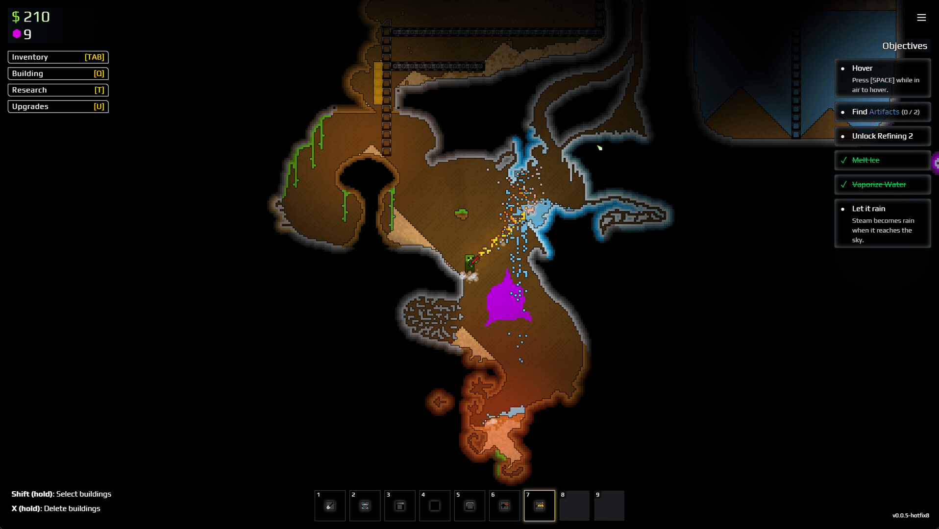 Sandustry gameplay showing the objectives panel, inventory and building tabs, hotbars, and explored terrain